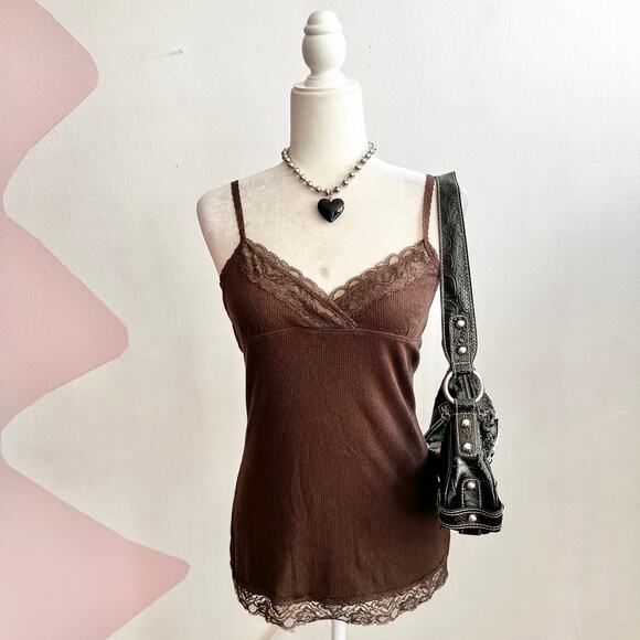 Active Basic Tops - Y2K Brown Lace Trim Babydoll Tank Top 2000s Coquette Indie Sleaze Vintage Medium